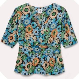 CAbi Floral Peplum Blouse in Blue, Green, Orange, Black